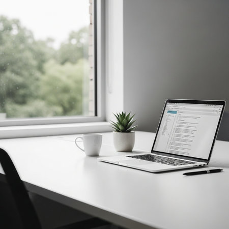 Workplace with laptop and a cup of coffee on the windowsillの写真素材