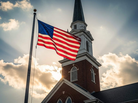 Flag of the United States of America in front of a church.の写真素材