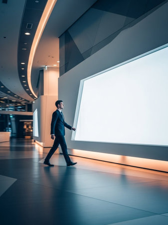 Businessman walking in corridor of modern office building and looking at whiteboardの写真素材