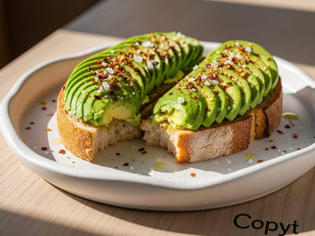 Toasts with avocado on a white plate on a wooden table.