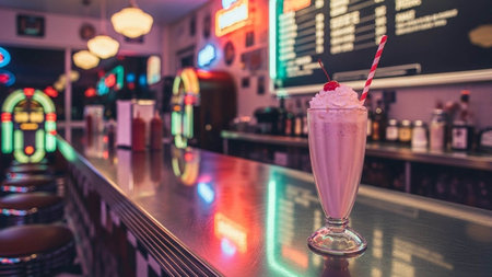 Glass of milkshake on bar counter in night club, stock photoの写真素材