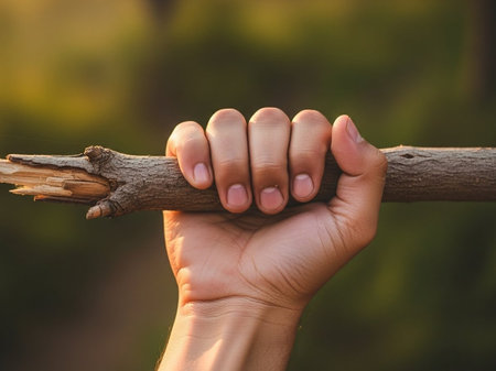 Female hand holding a wooden stick against the background of the forest.の写真素材