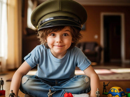 Portrait of a cute little boy playing with toys in the roomの写真素材