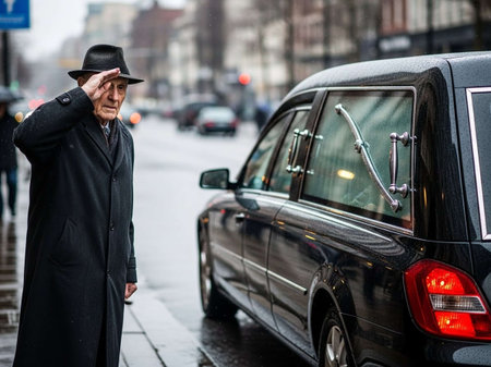 Elderly man in black hat and coat on the city street