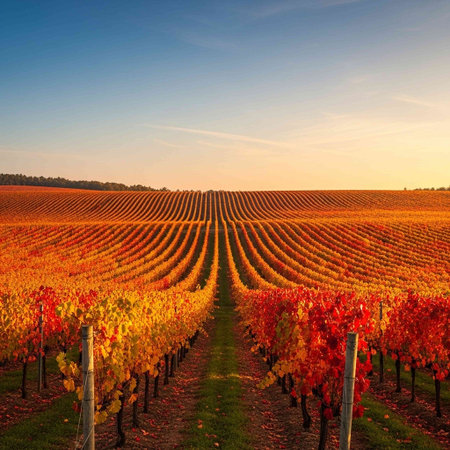 Rows of vineyards in autumn colors during sunset. Tuscany, Italyの写真素材