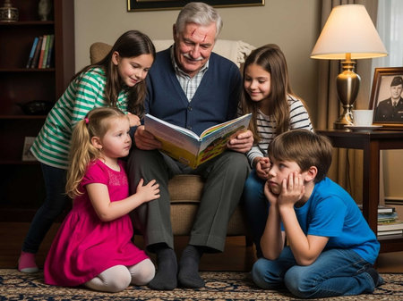 Grandfather reading a book with his grandchildren in the living room at homeの写真素材