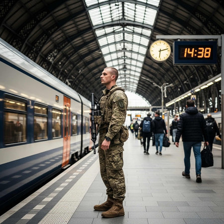 Full length portrait of a young soldier standing in front of train stationの写真素材