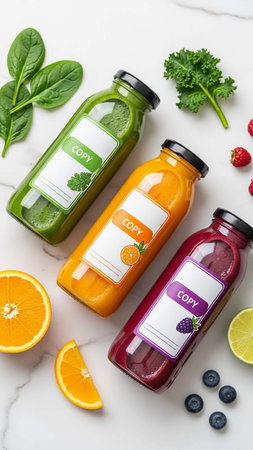 Healthy fruit and vegetable smoothies in bottles on a marble background