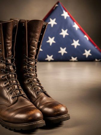 A pair of military boots on the background of the American flag.の写真素材