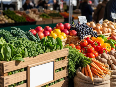 Fresh vegetables and fruits at the farmers market. Healthy food concept.の写真素材