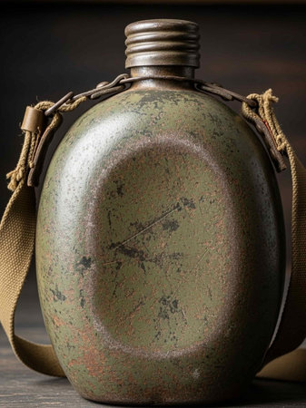 Old flask on a wooden background. Close-up photo.の写真素材