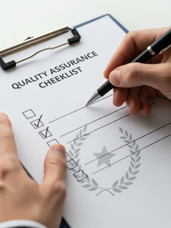 Close-up Of Person's Hand Signing Quality Assurance Formの写真素材