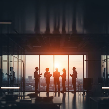 Silhouettes of business people standing in a modern office. 3d renderingの写真素材