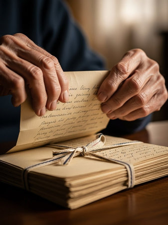 Hands of an old person reading a letter.の写真素材