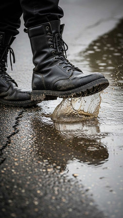A man in black boots walks through the rain puddles.
