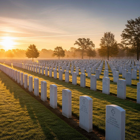 American military cemetery at sunrise. American military cemetery in Normandy, France.の写真素材