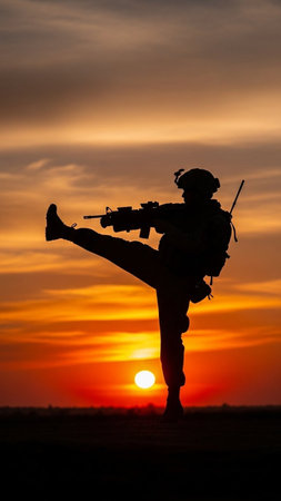 Silhouette of a special forces soldier in action at sunset.