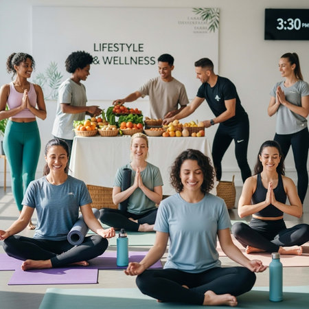 Group of multiethnic people in sportswear sitting in lotus position and meditating during yoga classの写真素材