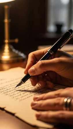 Closeup image of woman's hands writing on a book with a fountain penの写真素材