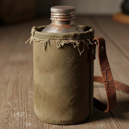 Old flask with a brown leather belt on a wooden background. Vintage style.の写真素材