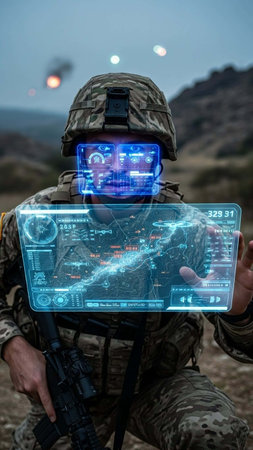 Close up of a soldier in a military uniform with a gun in his hands and a map of the city.