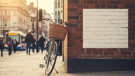 Bicycle parked on the street with blank poster in the background.の写真素材