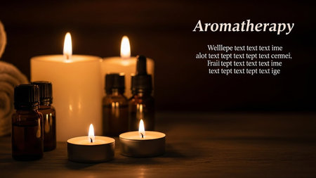 Aromatherapy essential oil and aromatherapy candles on a wooden backgroundの写真素材