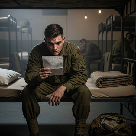 Young soldier sitting on the bed in the bunker and reading a letterの写真素材