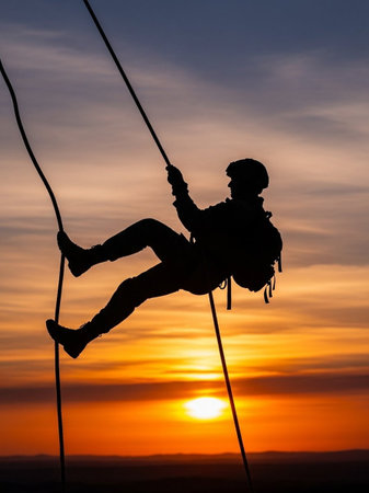 Silhouette of a man climbing on a rope at sunset.