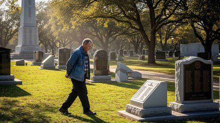 A man walks through a cemetery in New York.