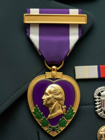 Close up of a medal on the shoulder of a military officer.