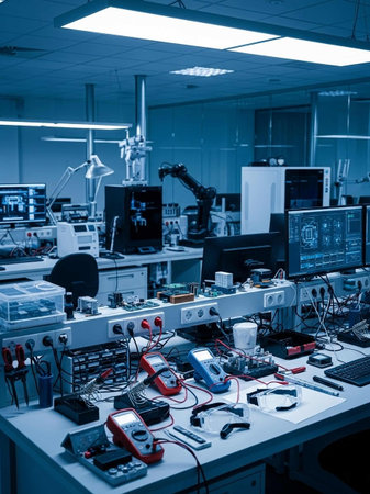 Electronic equipment in a modern laboratory. Blue toned image.