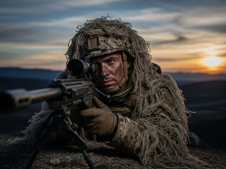 United states paratrooper airborne infantry man with assault rifle at sunset