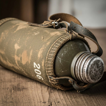Old military flask on a wooden background. Selective focus. Toned.の写真素材
