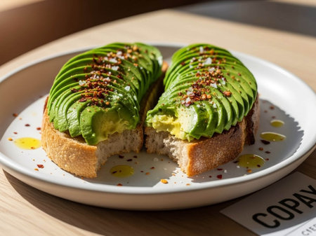 Toast with avocado on a white plate on a wooden table.の写真素材