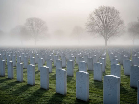 Graves in the American Cemetery in a foggy misty morningの写真素材