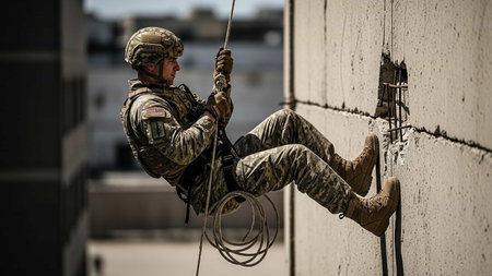 A soldier in a military uniform with a rope hangs on a wall