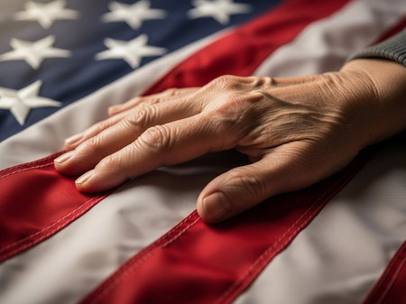 Hands of an old woman on the background of the American flag
