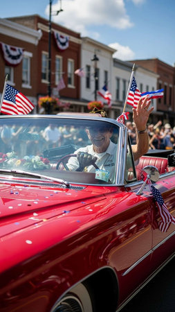 An unidentified man in a red convertible car with the American flag waving in the wind.