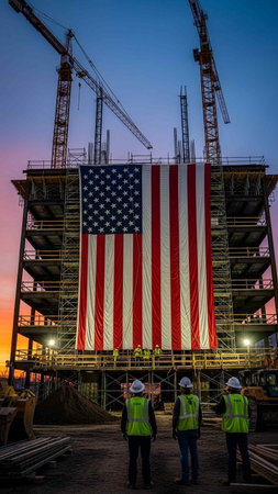 Construction site with cranes and workers at sunset.の写真素材