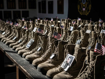 military boots with american flags in military museumの写真素材