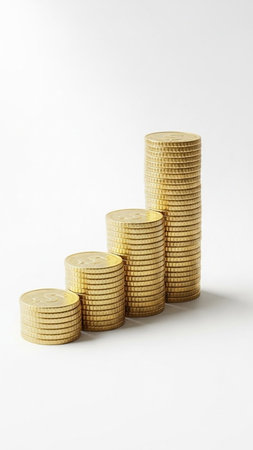 Stacks of gold coins isolated on white background. Financial concept.の写真素材