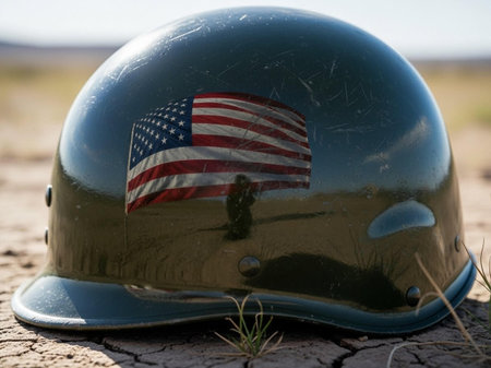 US military helmet with american flag on cracked ground in the desertの写真素材
