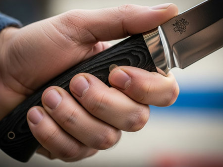 Closeup of a man's hand holding a knife. Shallow depth of fieldの写真素材