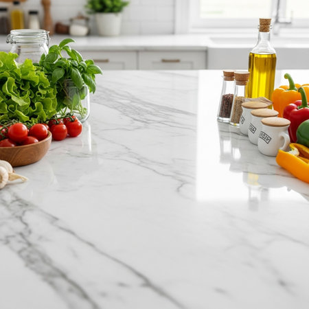 Vegetables and spices on white marble table in modern kitchen interior