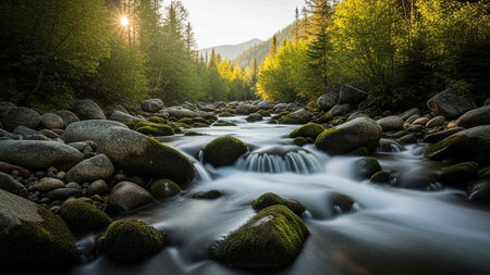 Long exposure of a mountain stream flowing through a forest at sunset.