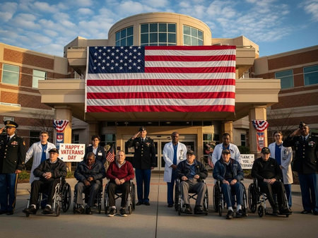 Patient in a wheelchair with the United States of America flag in the background.の写真素材