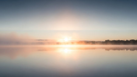 Sunrise over the lake. Beautiful natural background. Panorama.の写真素材