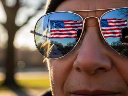 Close up of a woman wearing sunglasses with the United States of America flagの写真素材
