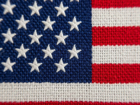 Close up of American flag embroidery on fabric. Selective focus.の写真素材